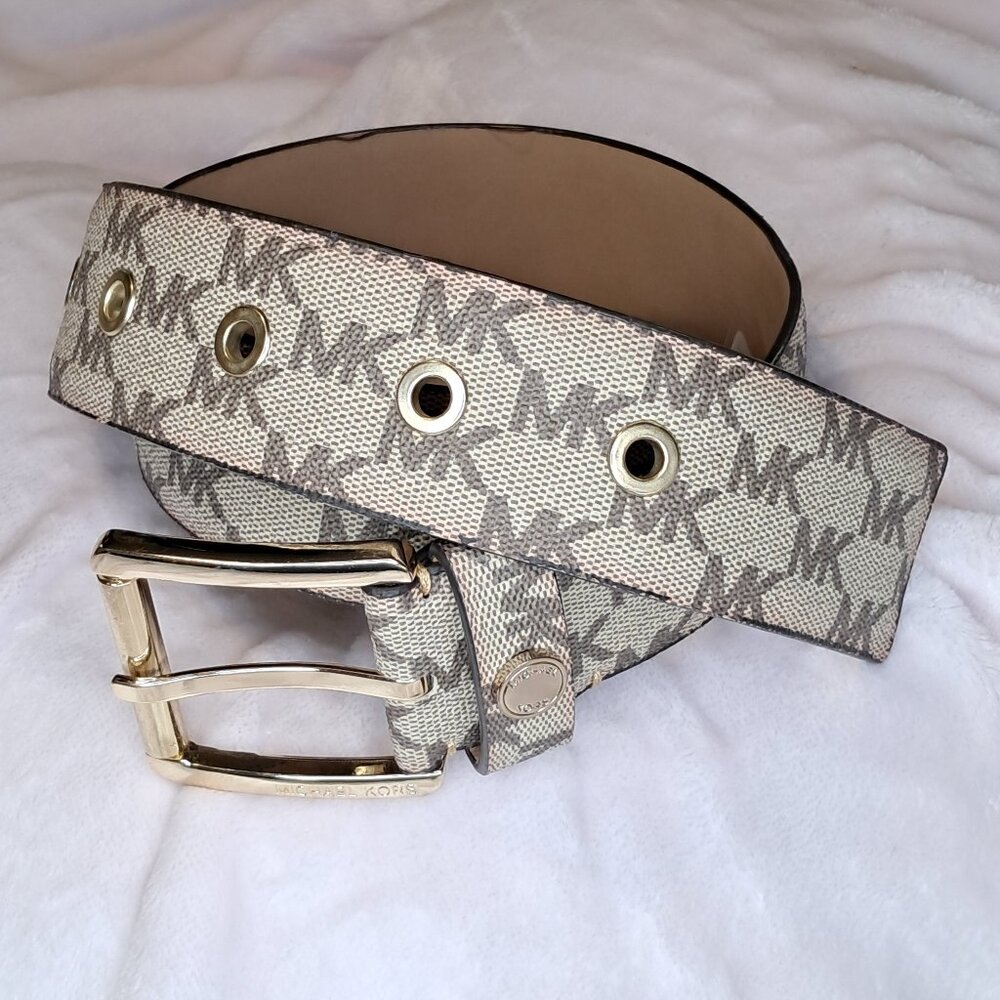Michael Kors Womens MK Logo Print Tan Brown Belt Gold Buckle Size Small